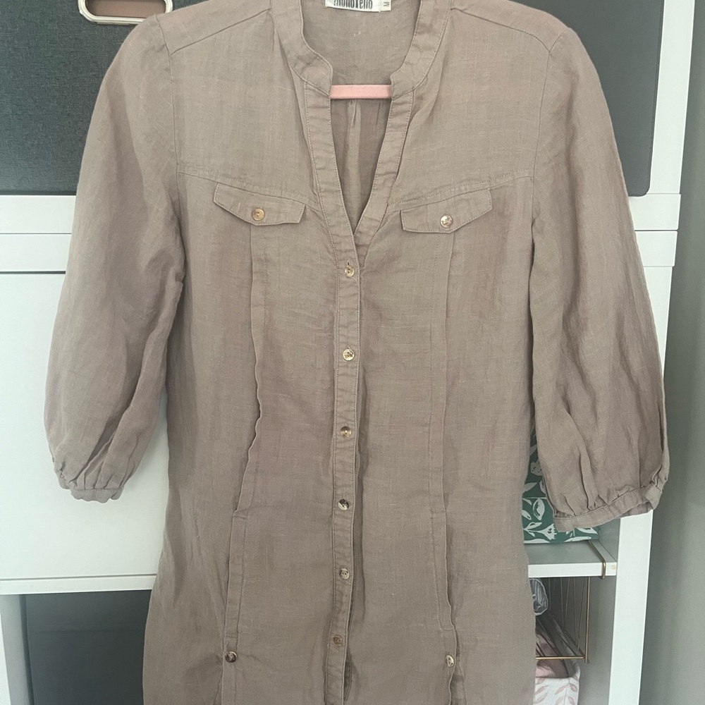 Monoreno 100 % Linen Light Brown Button-Up Shirt